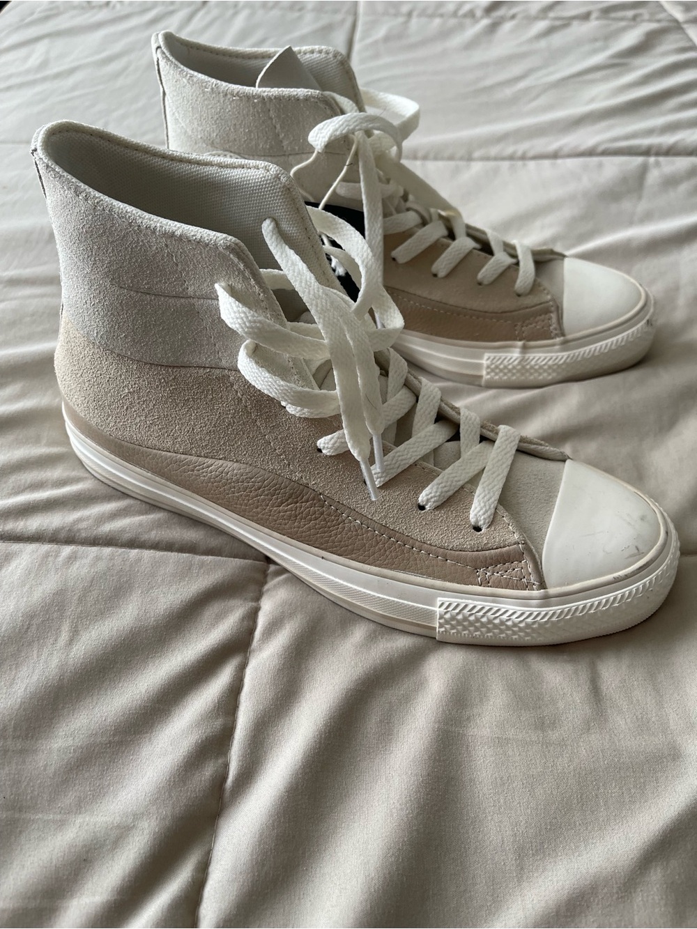Converse High-Top Suede Lace-Up Sneakers in Beige and White
